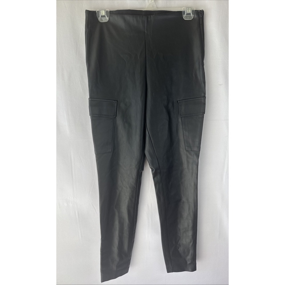 Zara Pants Women's Medium Black Faux Leather Cargo Pockets High Rise Snap Ankles